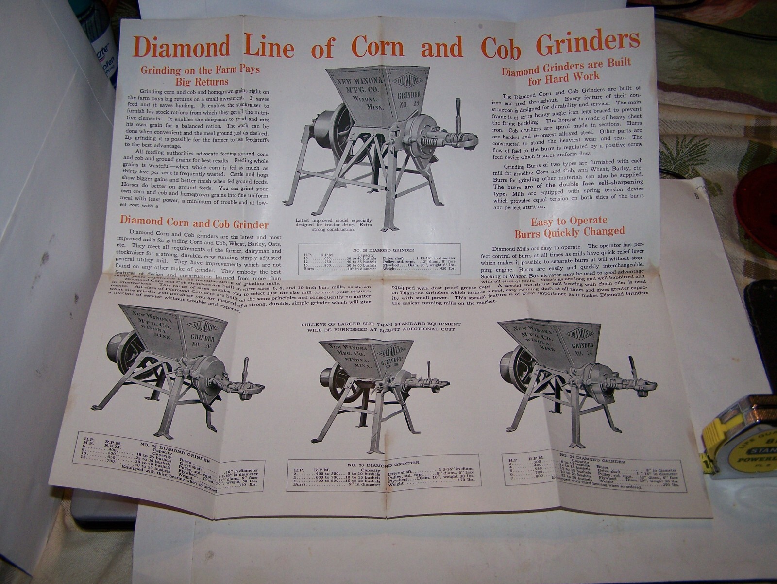 NEW WINONA DIAMOND FEED GRINDER Sales Brochure Pamphlet Hit Miss Engine NICE