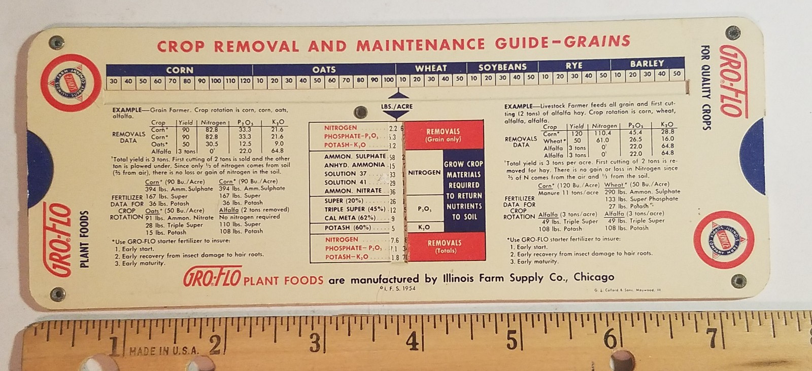 Gro-Flo Grain and Hay Guide, Slide Calculator, Illinois Farm Supply, 1954