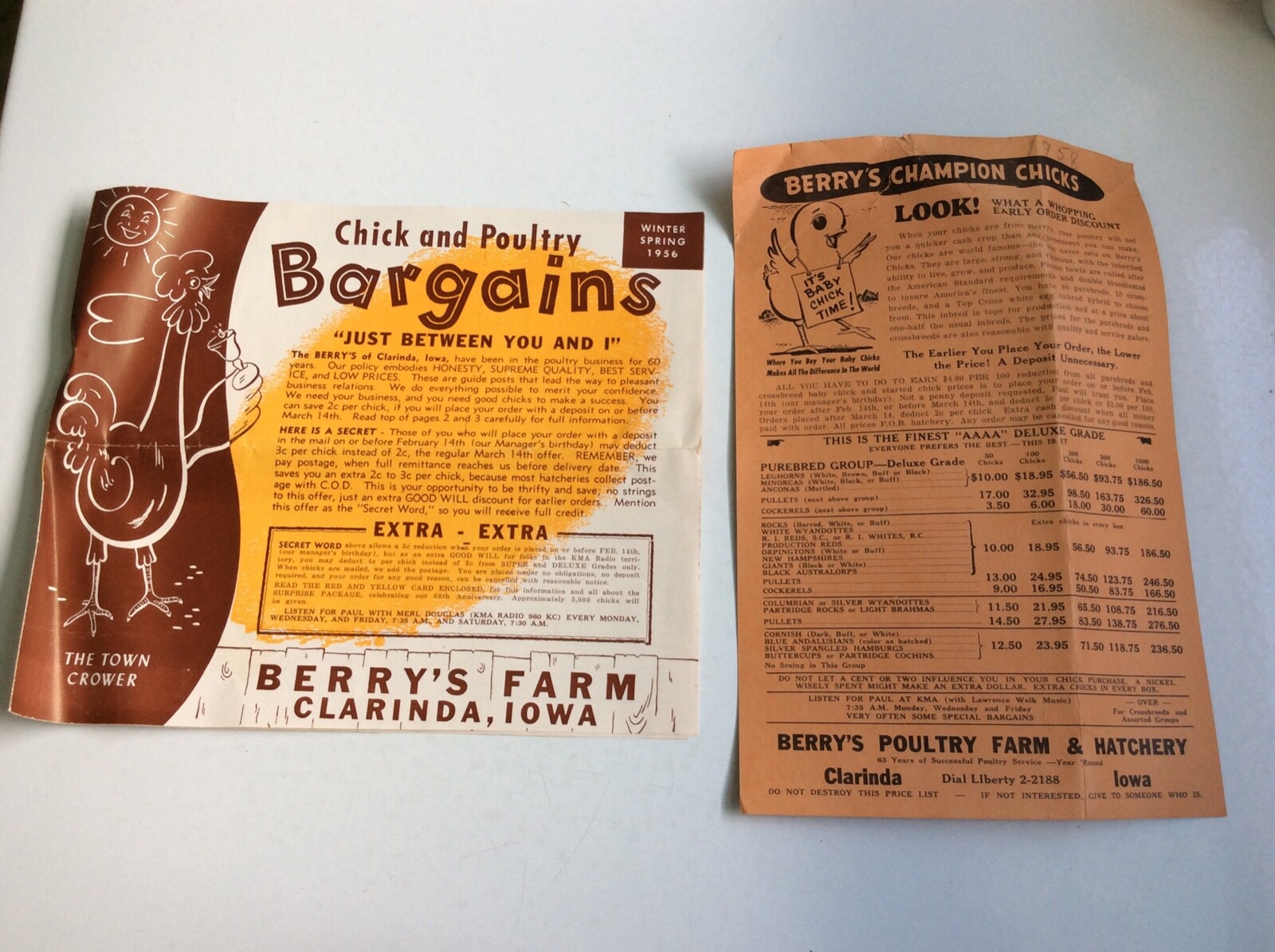 1956-58 Berry’s Farm & Hatchery Chick & Poultry Brochures W/Prices Clarinda Iowa