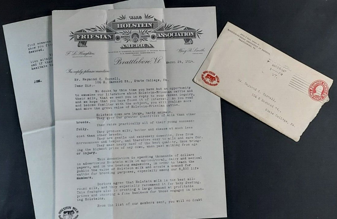 1914 Letterhead Holstein Friesan Asso America Brattleboro VT Houghton Dairy Cows