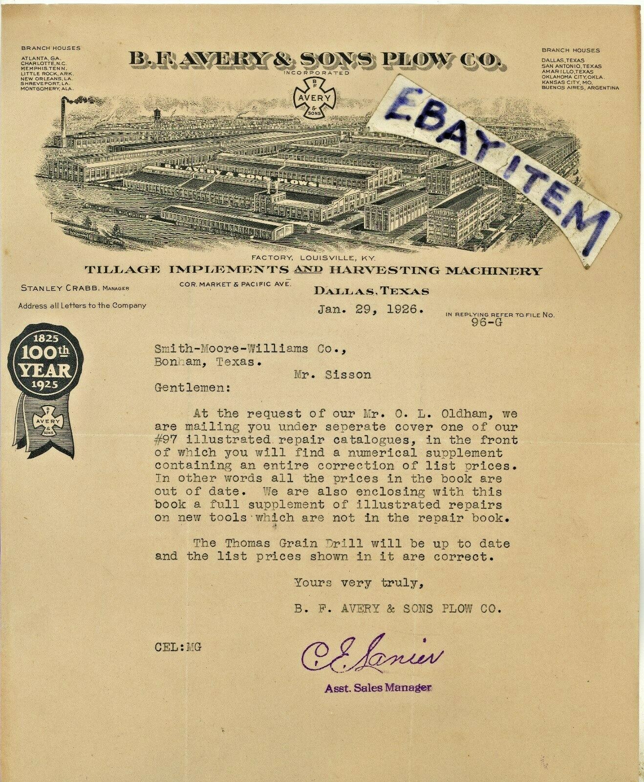 1926 LETTERHEAD B F Avery & Sons Plow Company DALLAS TEXAS Farm Machinery CRABB