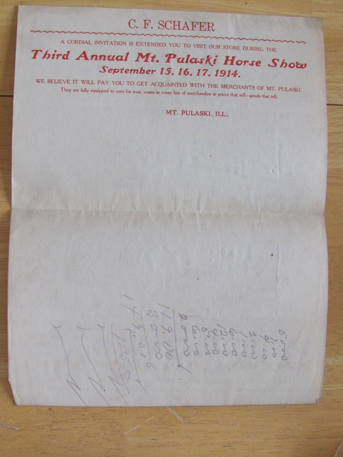 1914 MT PULASKI IL HORSE SHOW C F SCHAFER LETTER HARDWARE STORE FARM IMPLEMENT