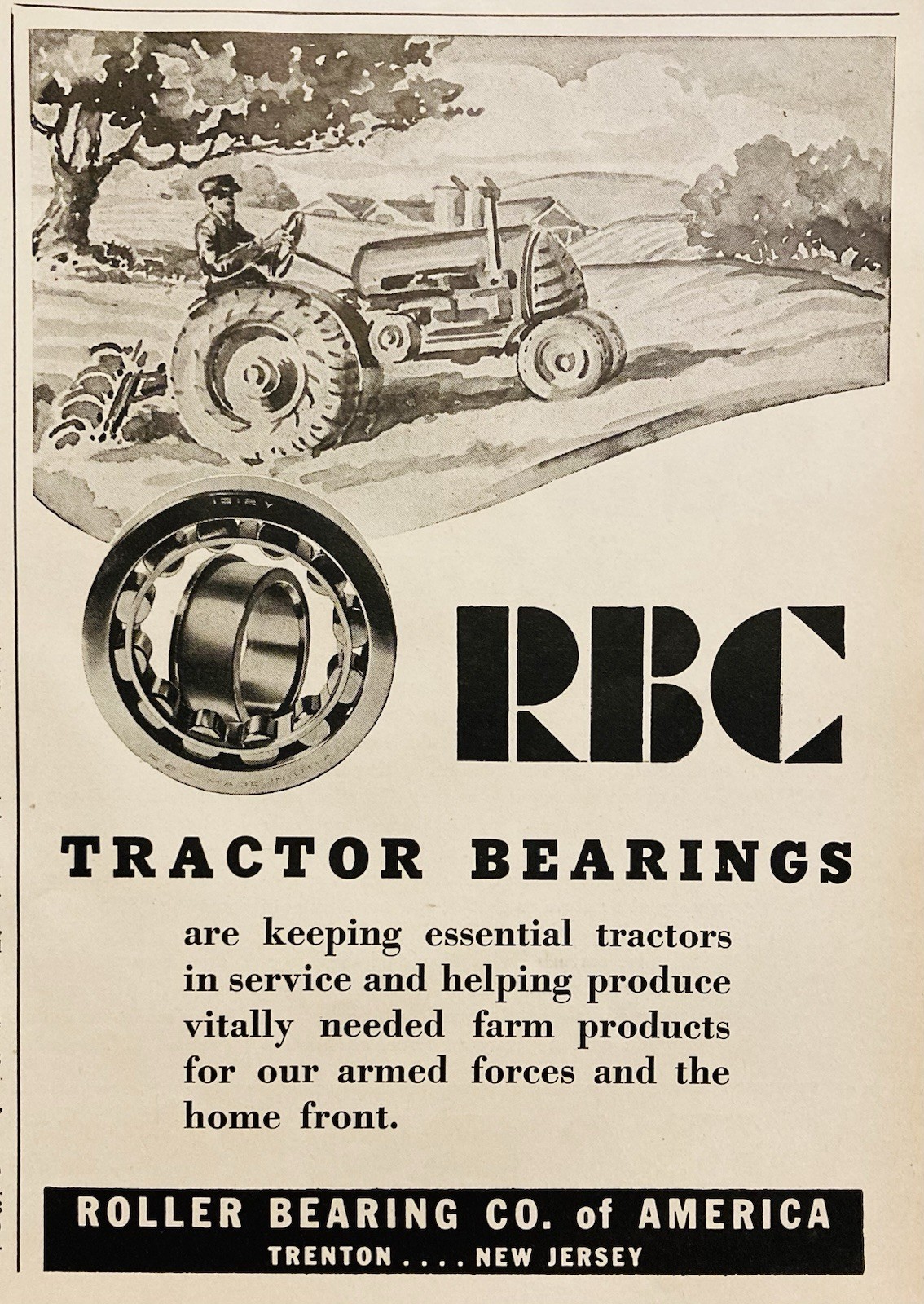 1944 AD.(PC5)~ROLLER BEARING CO. TRENTON, NJ. RBC TRACTOR BEARINGS