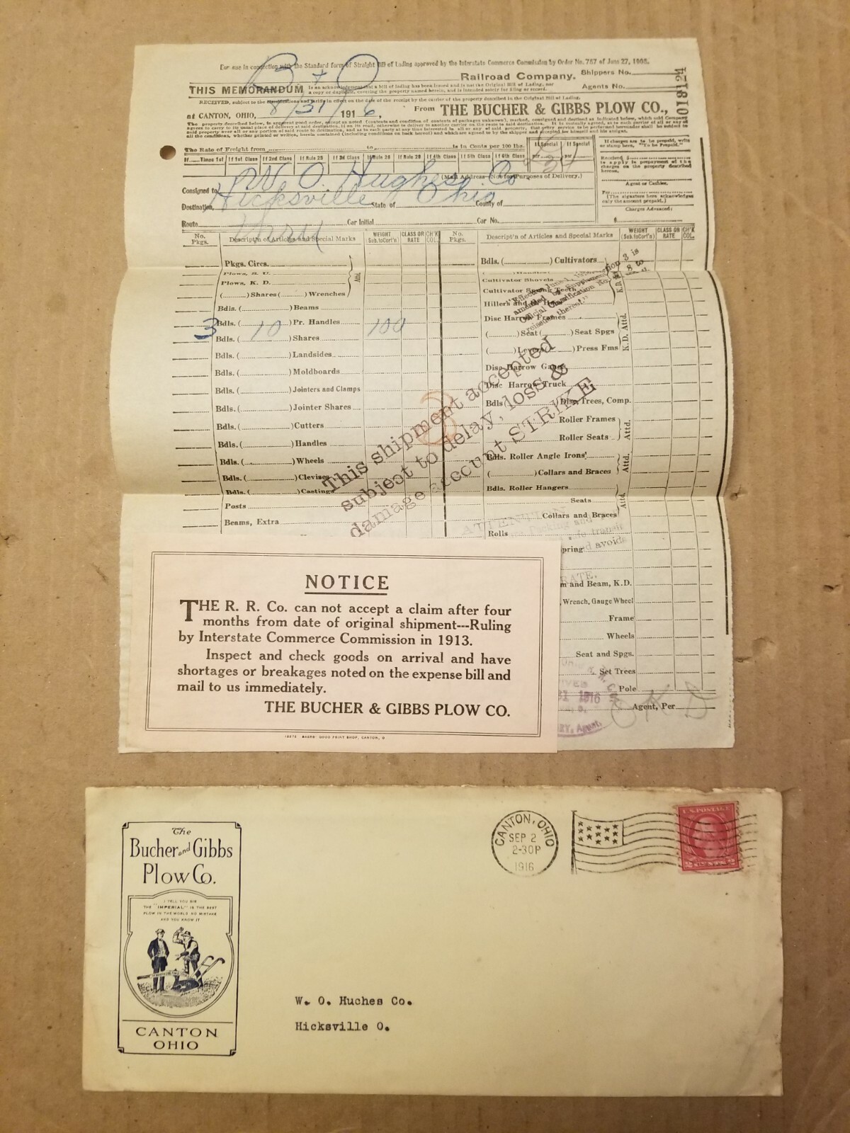VTG AGRICULTURE ENVELOPE & RECEIPT. 1916. THE BUCHER AND GIBBS PLOW CO.