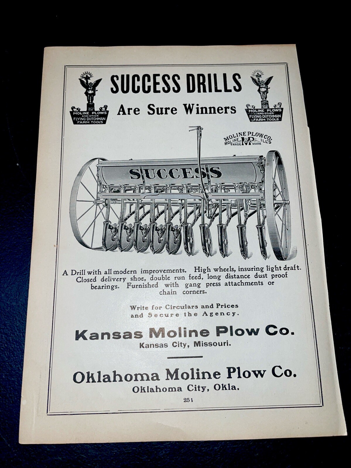 ORIGINAL 1907 Success Drill Farm Implement Advertising – Moline Plow