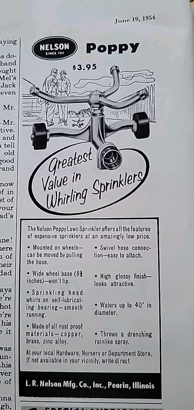 1954 Nelson Poppy whirling water sprinkler lawn garden vintage Original ad