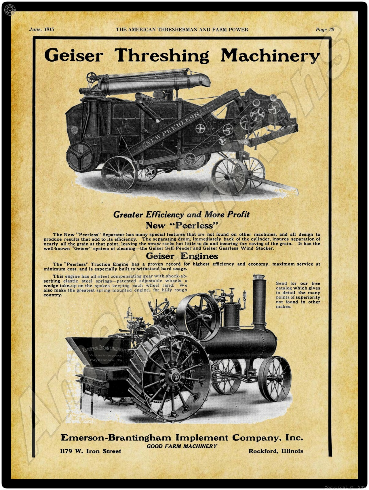 1915 Emerson Brantingham Implements, Geiser – New Metal Sign: Rockford, Ilinois