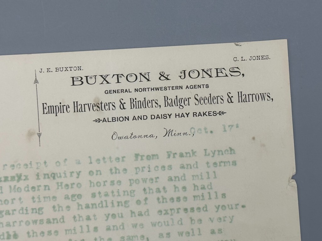 1917 EMPIRE HARVESTERS Buxton Jones Antique FARM Advertising OWATONNA Minnesota