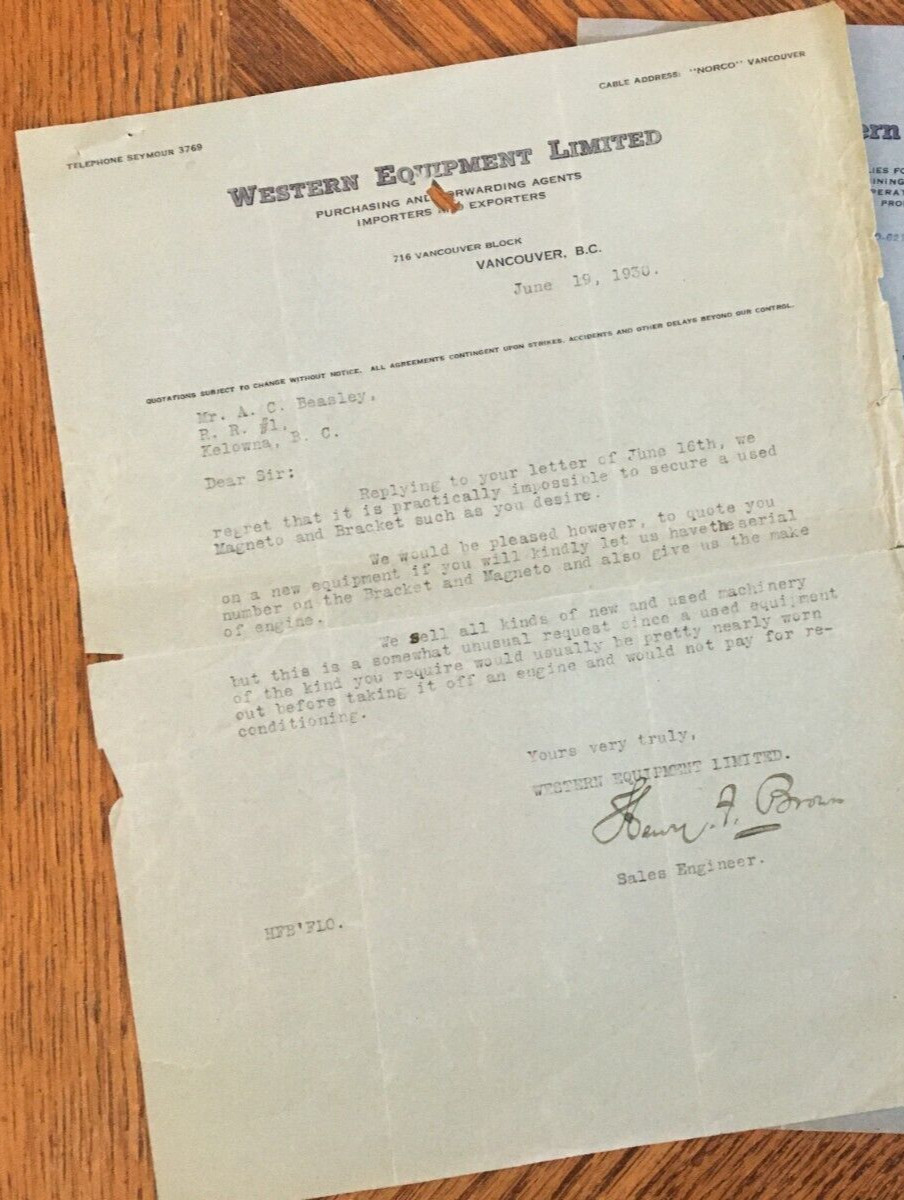 Western Equipment Engine Machinery Letter Receipt 1930 Kelowna BC Cattle Ranch