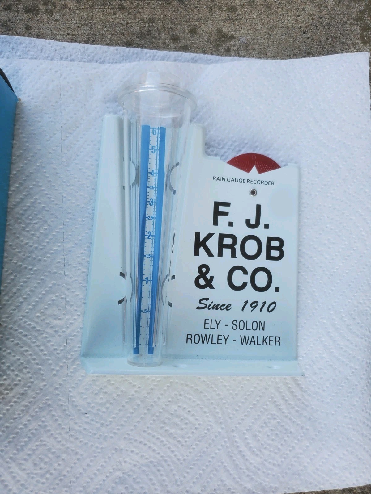 Metal Rain Guage F C Krob & Co. Ely Solon Rowley Walker Iowa Grain Elevator