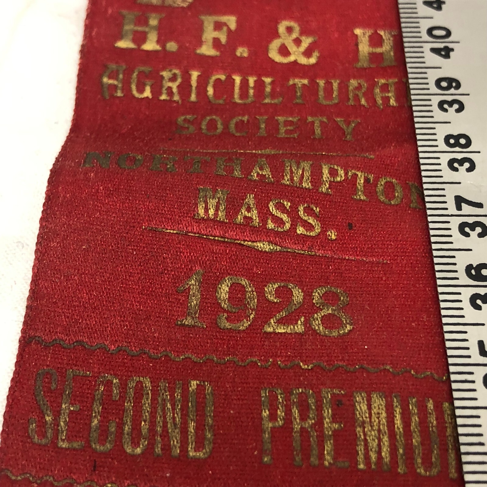 Vintage 1928 Ribbon H F & H Agricultural North Hampton MA Second