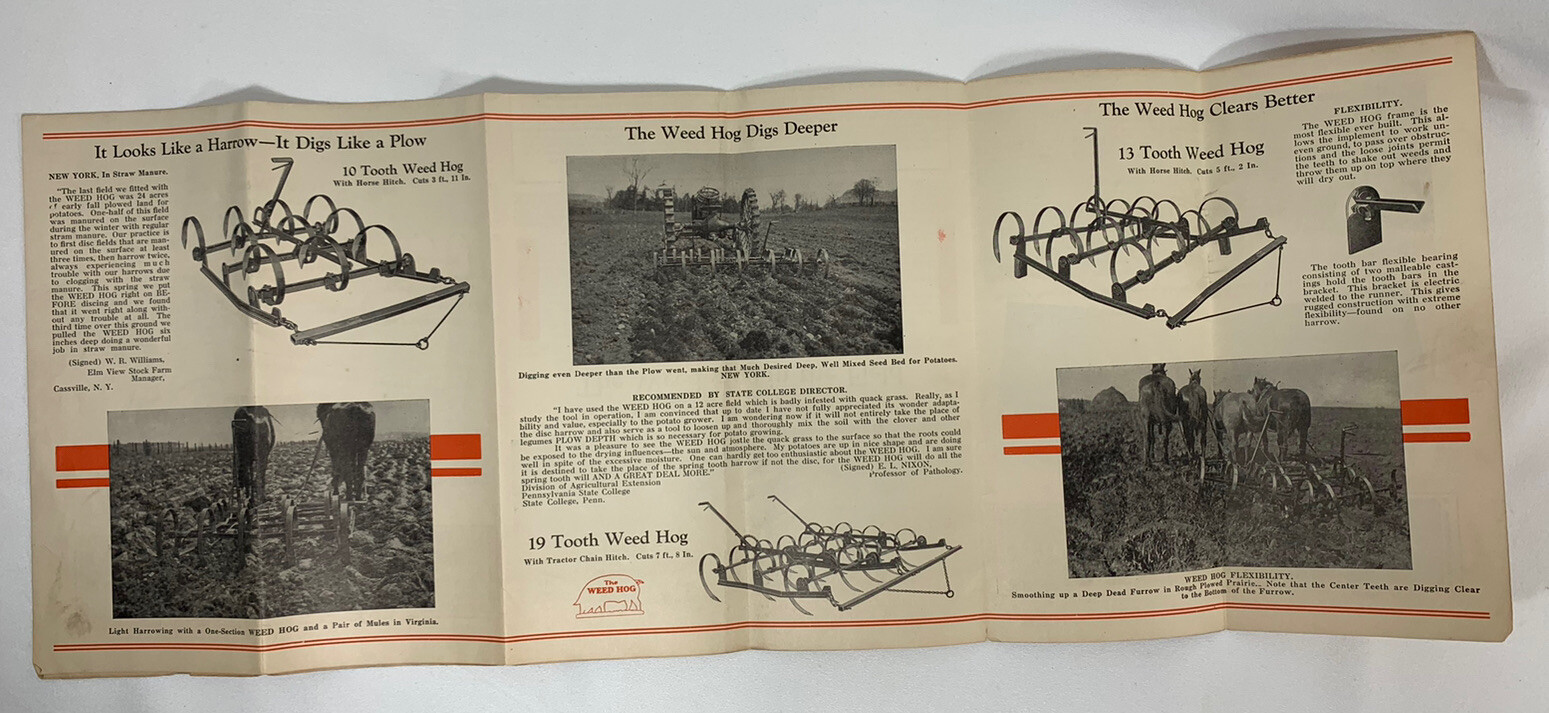 VINTAGE WEED HOG Pamphlet Fold Out Rock Island ILL Plow Co Advertising Harrow