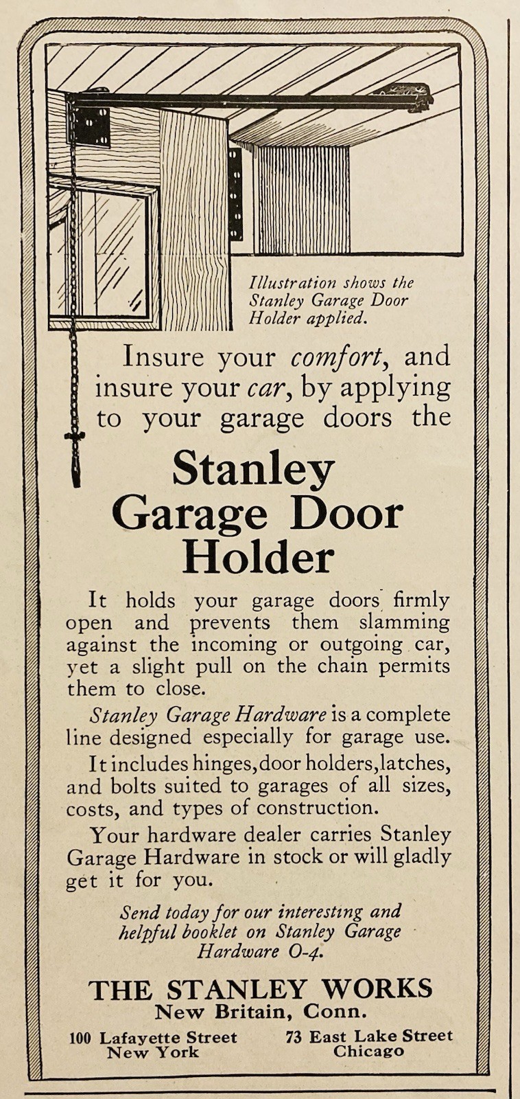 1917 AD.(XH80)~THE STANLEY WORKS, NEW BRITAIN, CONN. STANLEY GARAGE DOOR HOLDER