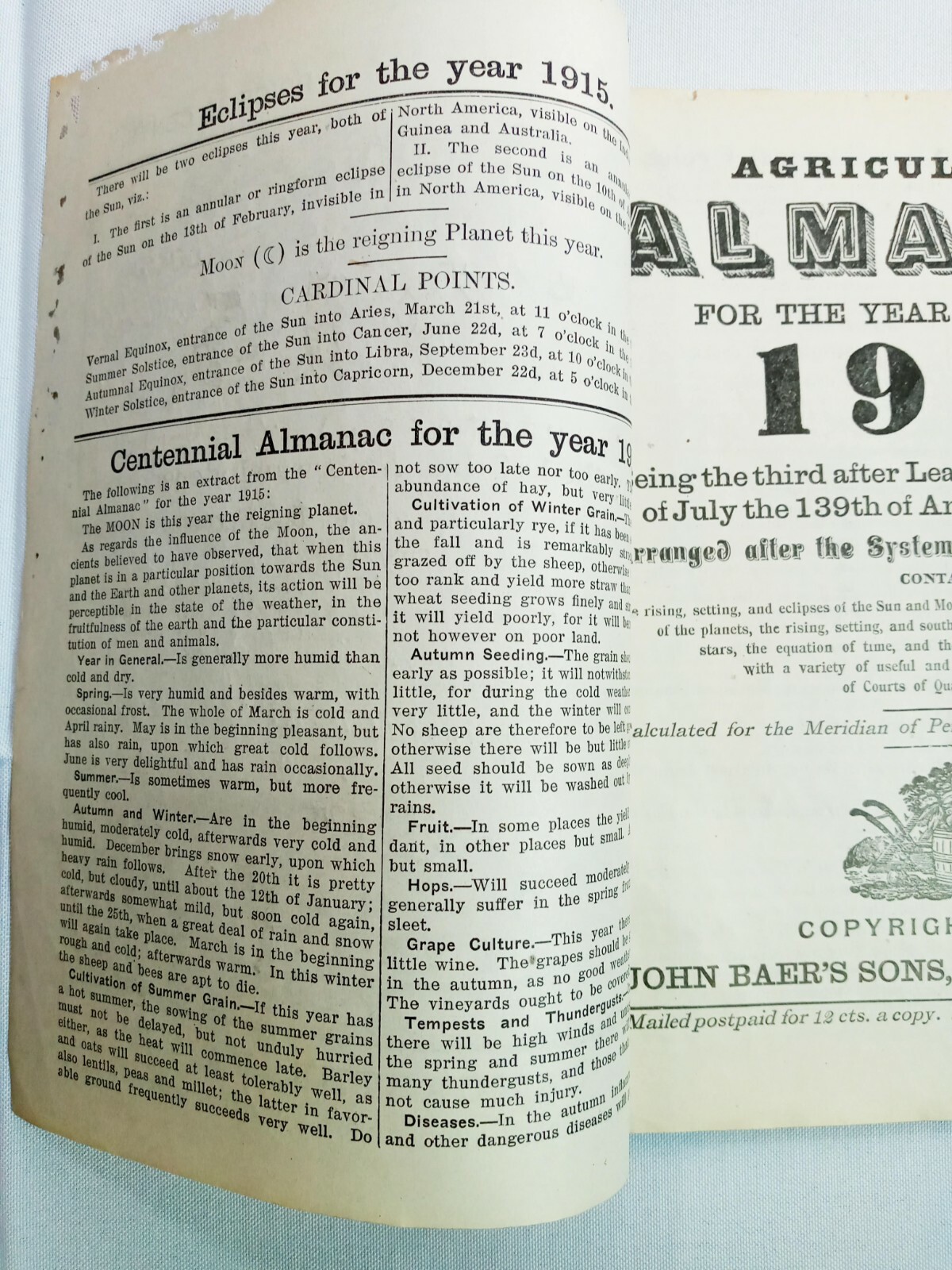 Vintage 1915 John Bear Baer&rsquo;s Agricultural Almanac Lancaster PA Antique Farmers