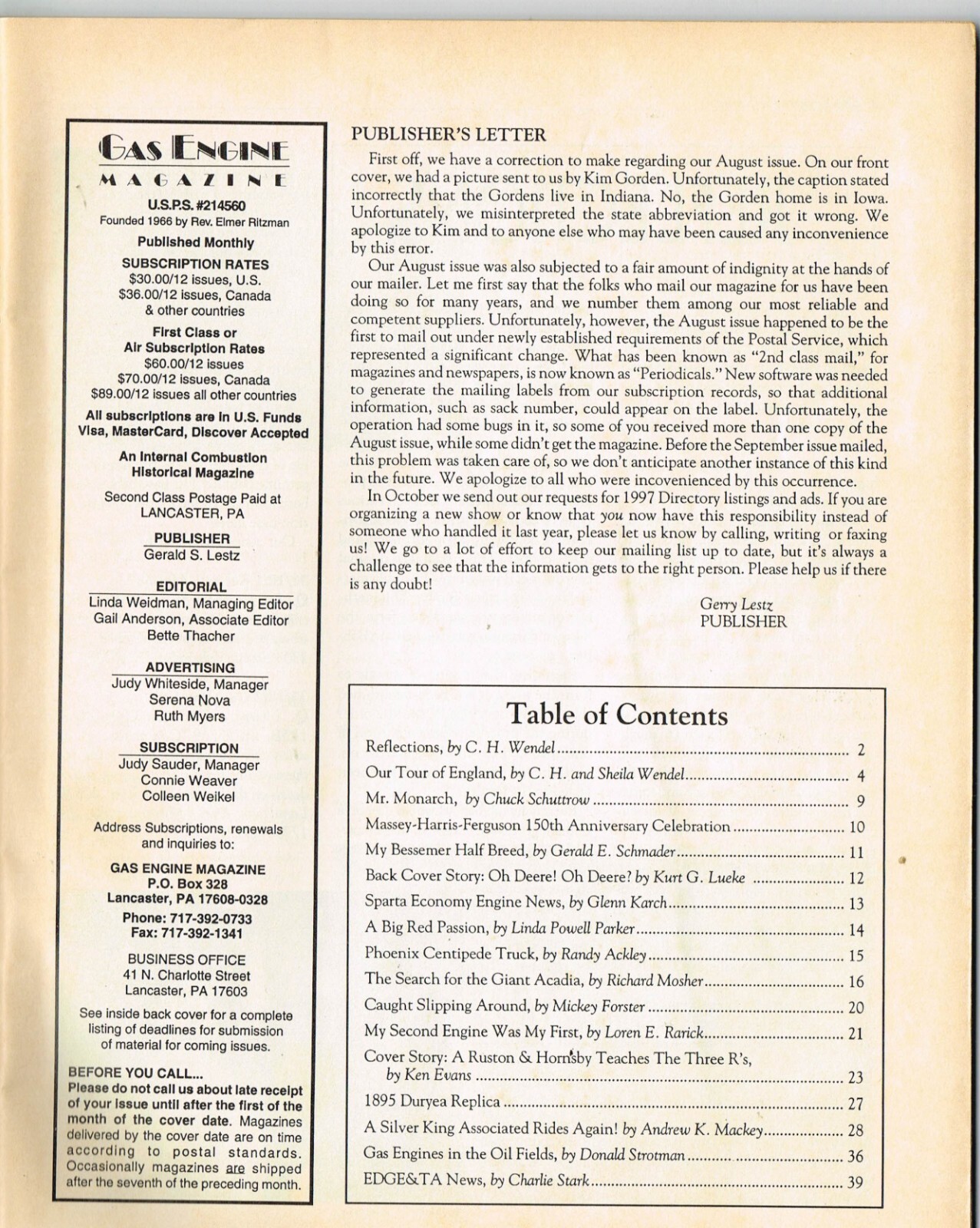 GAS ENGINE magazine October 1996, Ruston & Hornsby, John Deere & Stover