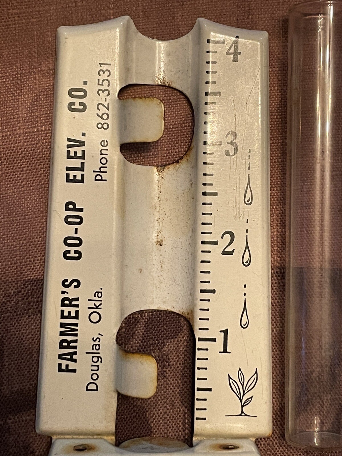 Vintage Rain Gauge Glass Tube Metal Stand FARMER&rsquo;S CO-OP ELEV. CO Douglas Okla