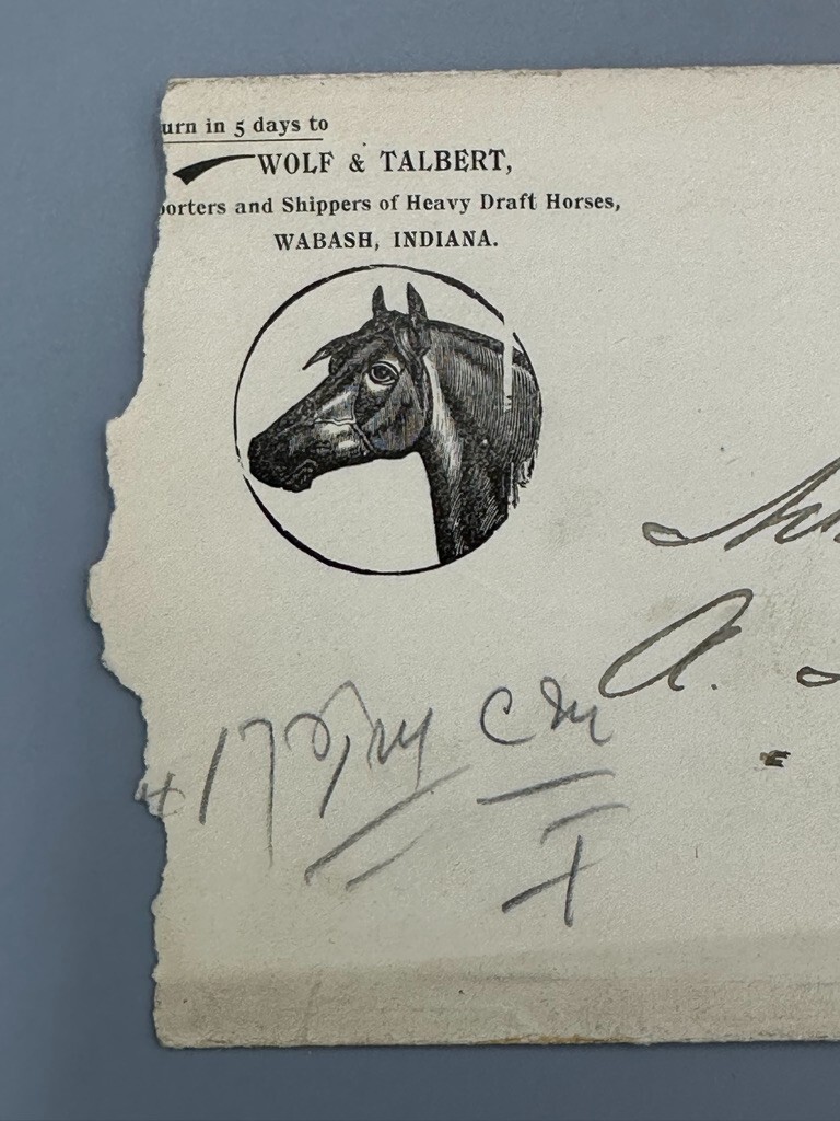 1899 DRAFT HORSE Indiana WABASH Illustrated Postal Cover FARM Advertising