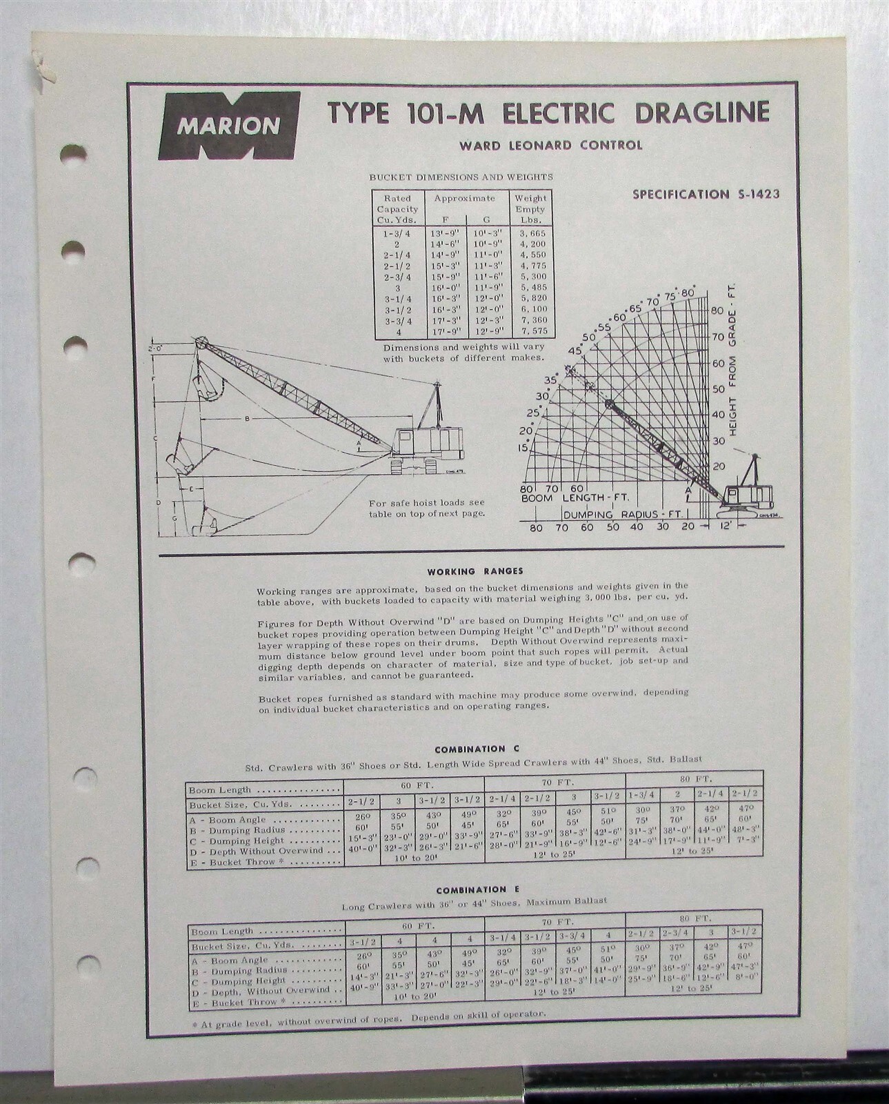 1964 Marion 101M Electric Dragline Specifications Construction Sales Data Sheet