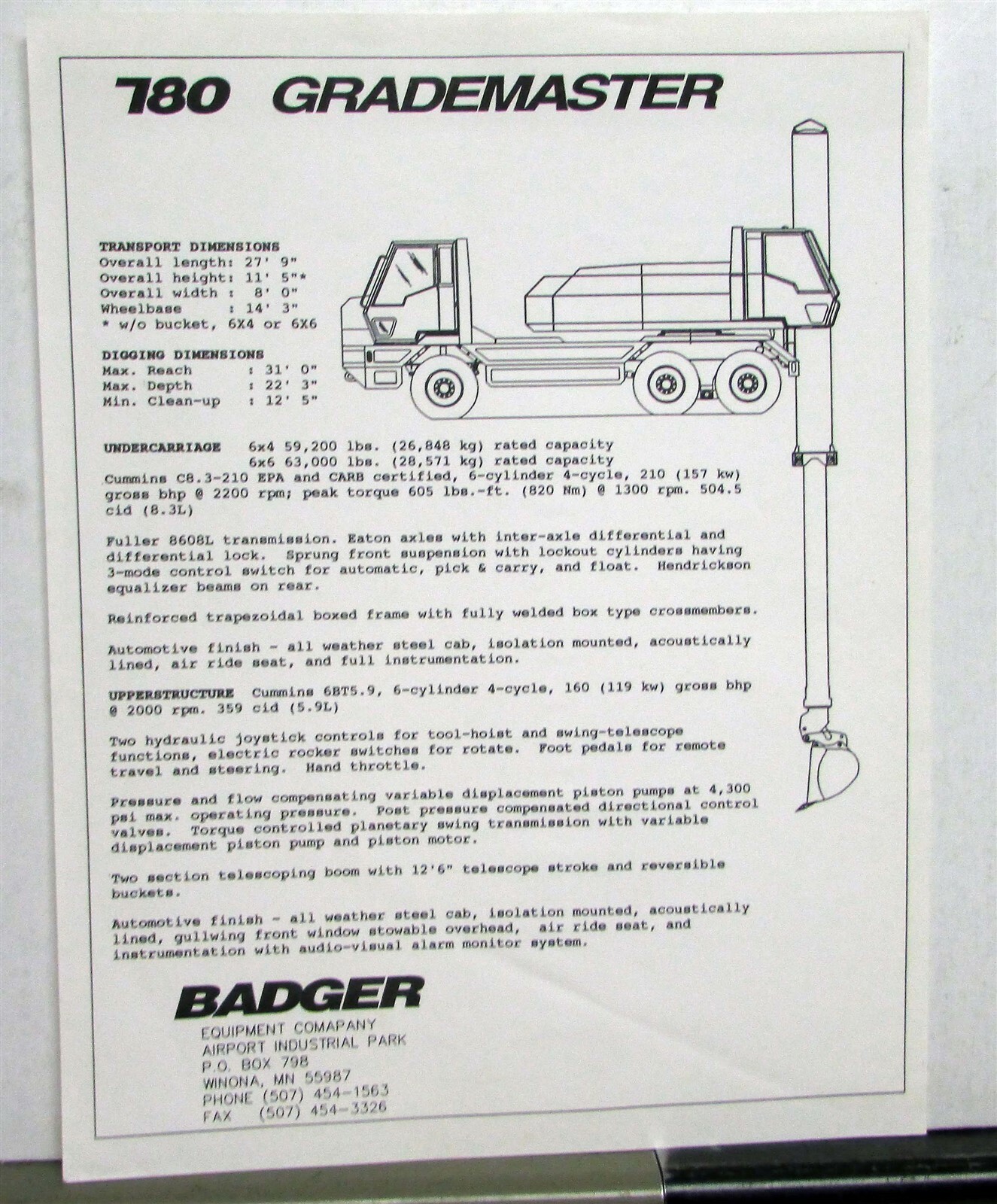 1990s Badger 780 Grademaster Construction Sales Data Sheet