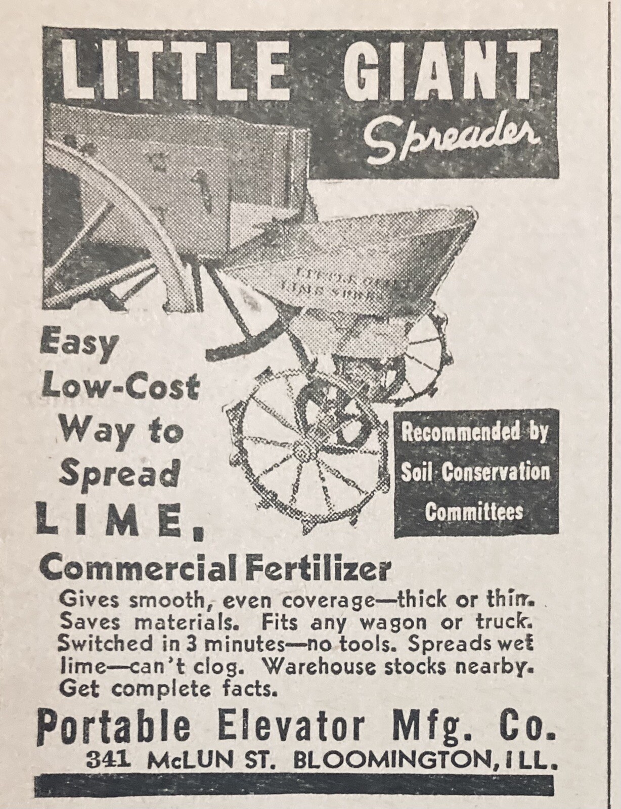 1938 AD(XH18)~PORTABLE ELEVATOR MFG. CO. BLOOMINGTON, ILL. LITTLE GIANT SPREADER