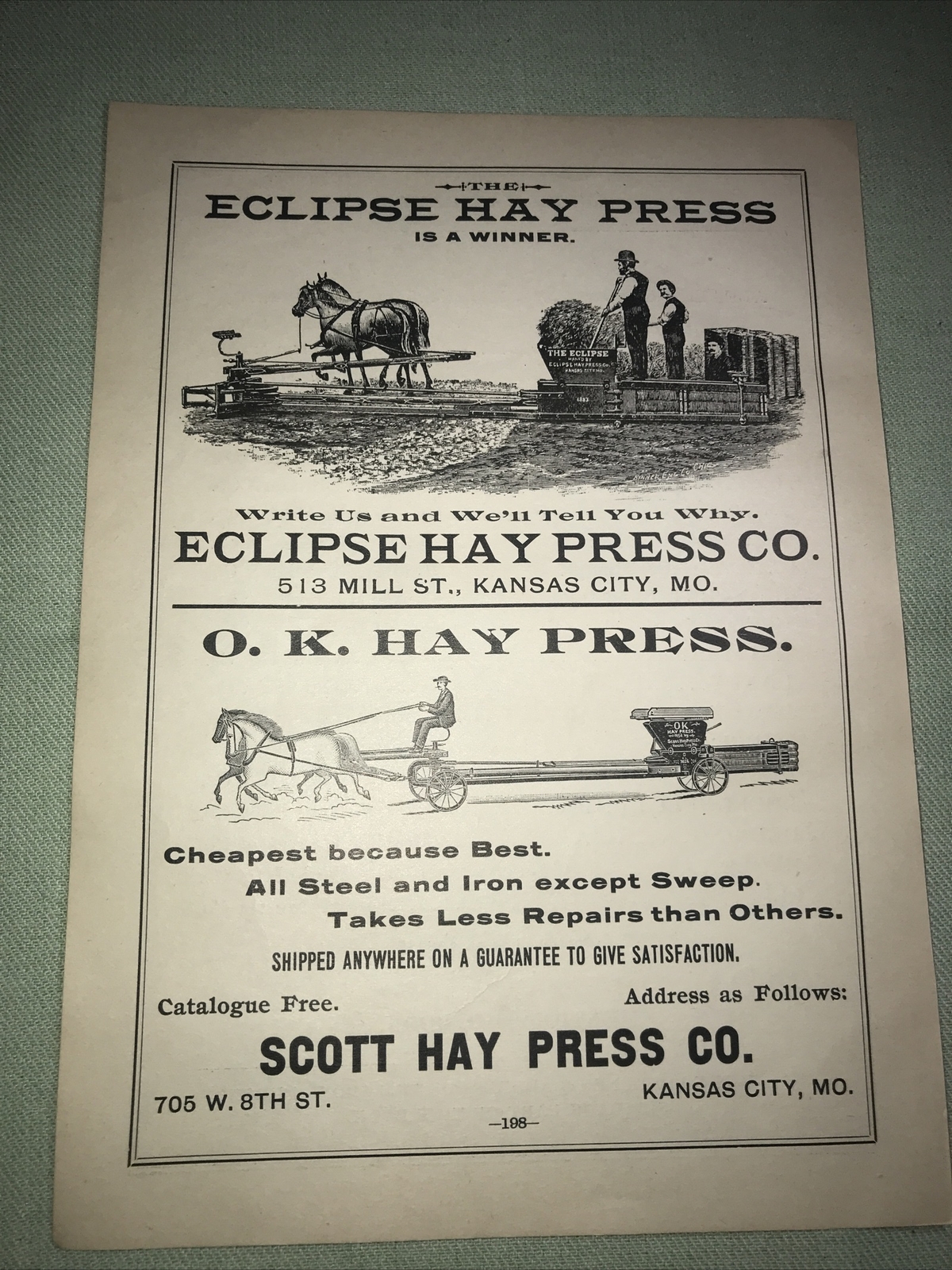 1898 Scott Hay Press Farm Advertising – Kansas City – Missouri
