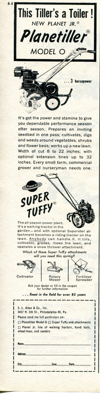 1959 Print Ad of SL Allen & Co Planet JR Planetiller Model O Super Tuffy Tiller