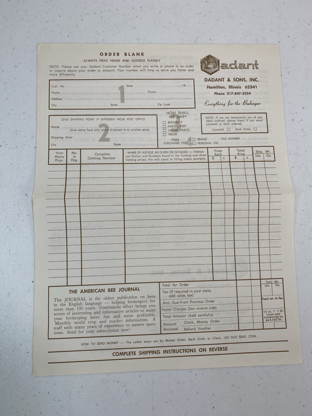 Dadant Beekeepers 1983 Catalog Envelope Order Form