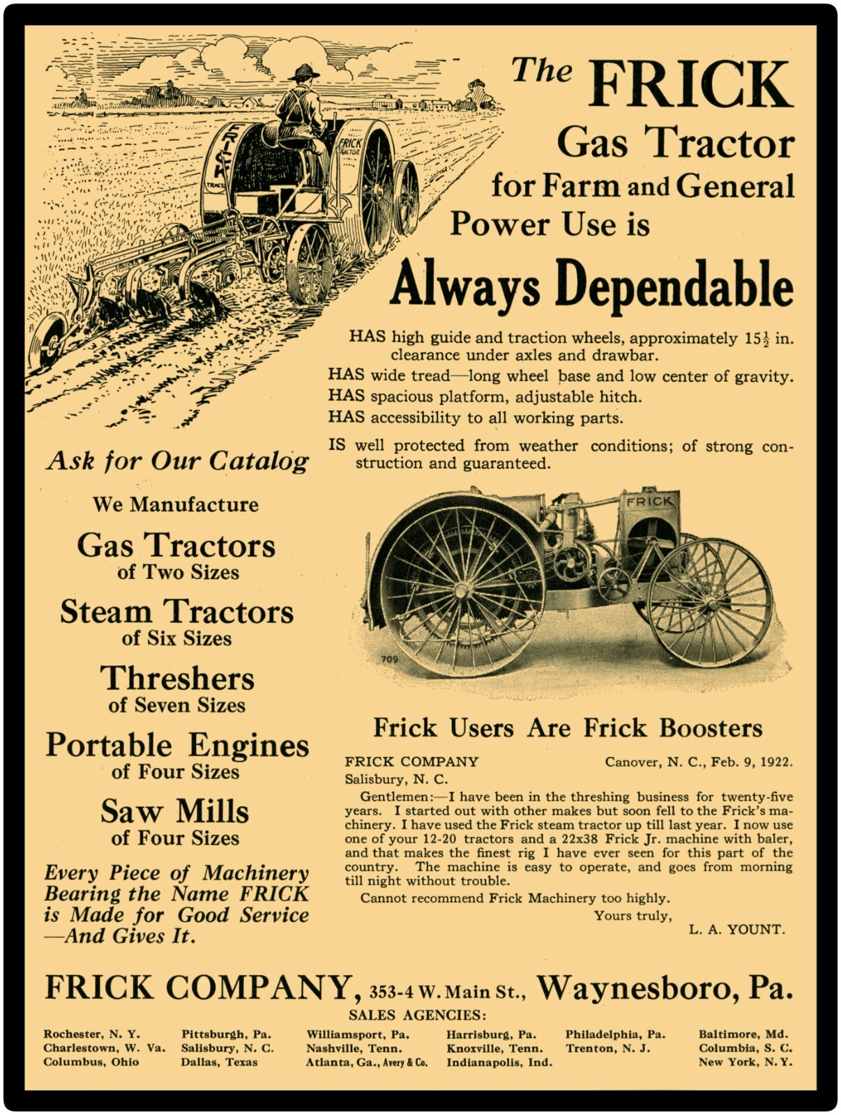 Frick Gas Tractors of Waynesboro, PA NEW Sign 24×30&Prime; USA STEEL XL Size