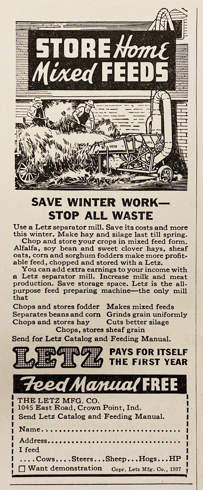 1937 AD.(XH81)~LETZ MFG. CO. CROWN PT. IND. LETZ SILAGE CHOPPER MACHINES