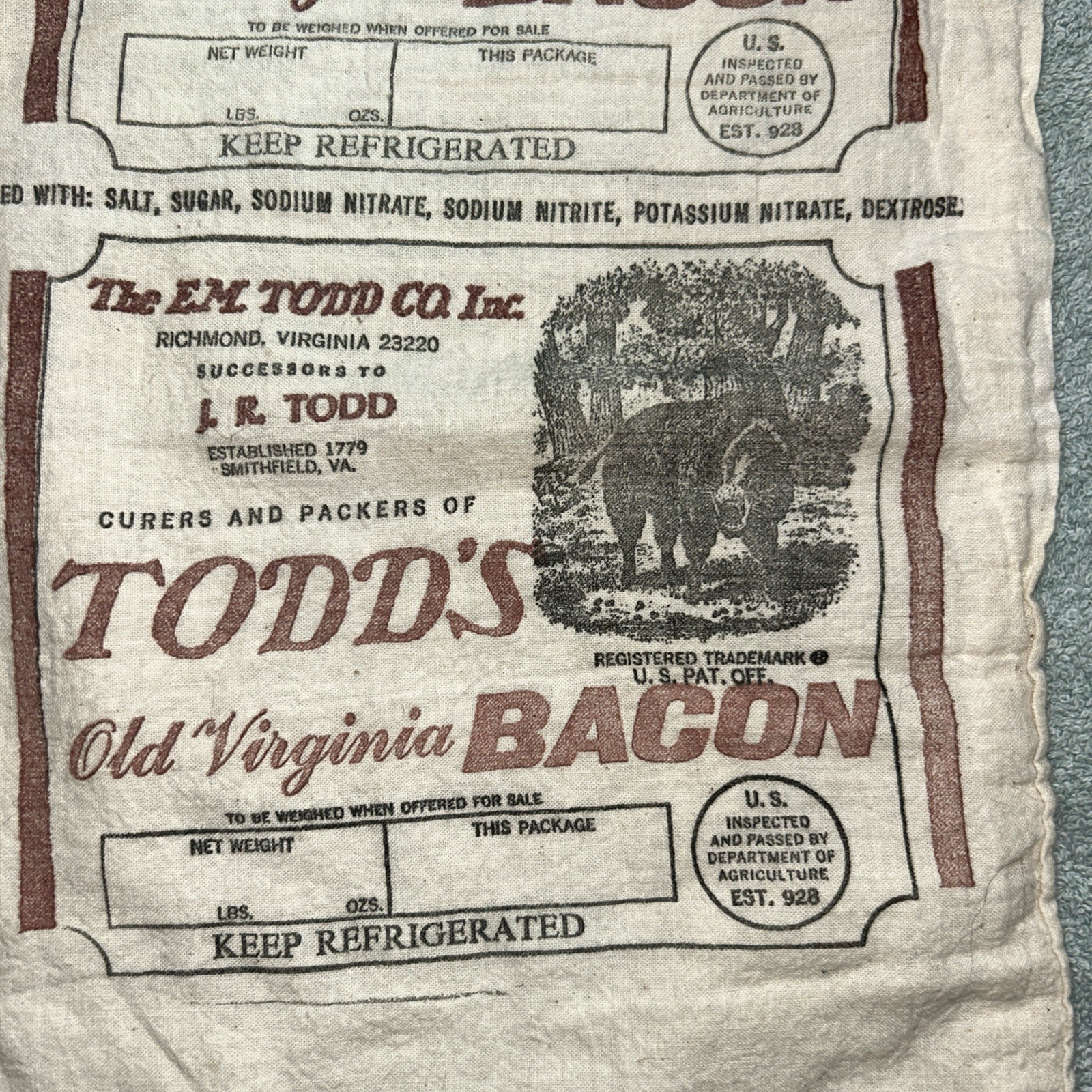 Vintage E.M. Todd CO. Inc Old Virginia Bacon Cover With Cooking Instructions