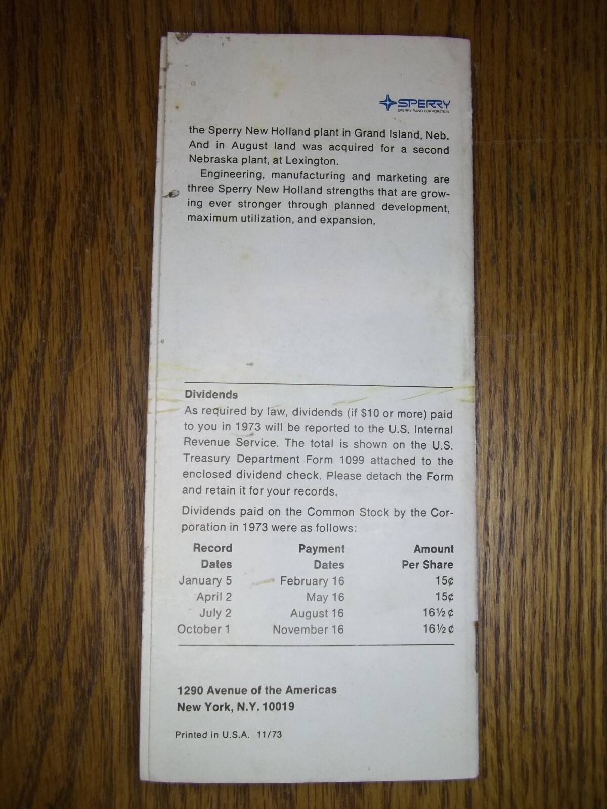 Sperry Rand Corp. New Holland farm equipment 6 months financial report 1973 4G