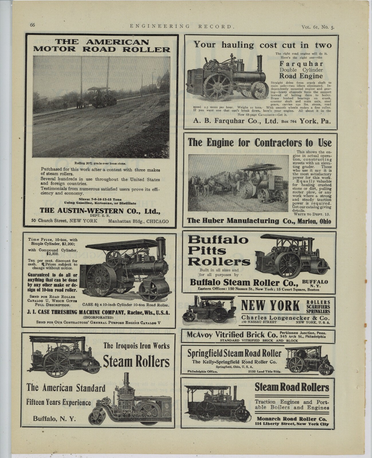 1910 Road Roller Ads on 1 Pg: Austin Western, Case, Iroquois, Buffalo Pitts, +++