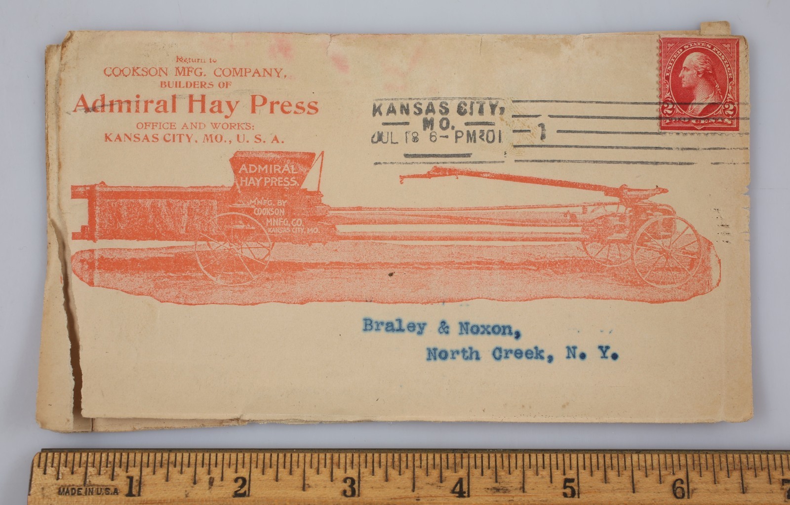 Vintage 1901 Cookson Mfg. Co. Admiral Hay Press Letterhead & Cover Kansas City