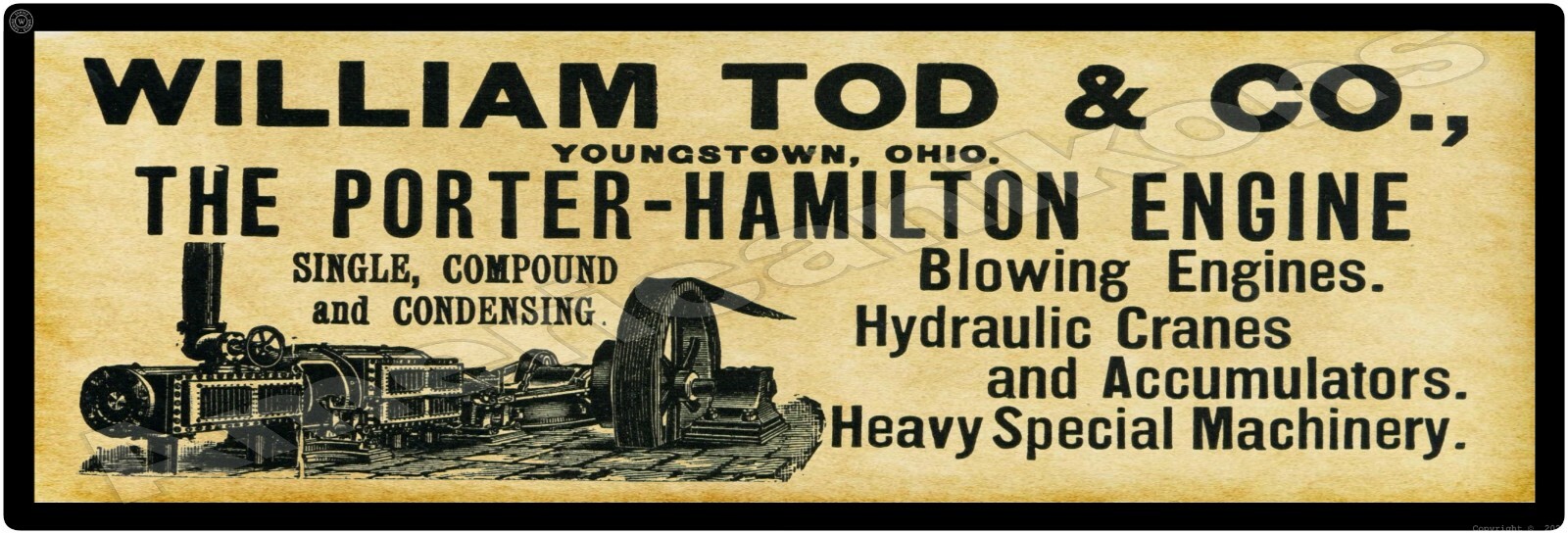 1895 Porter Hamilton Engine New Metal Sign: William Tod Co., Youngstown, Ohio