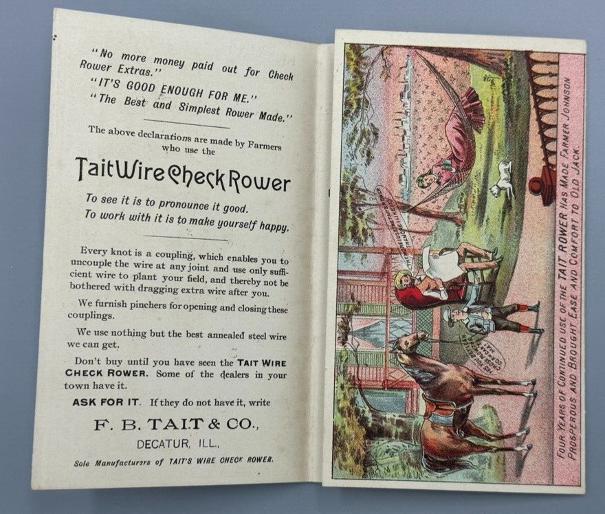 1880s TAITs WIRE Check Rower FARM Advertising Folding Trade Card DECATUR Ill
