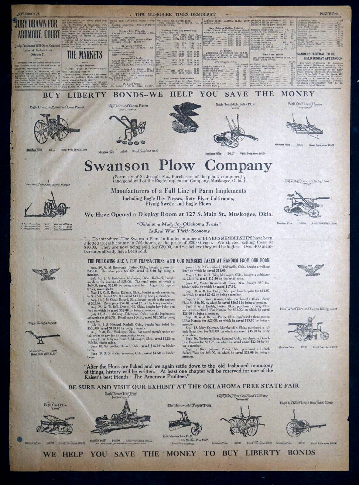 1918 Muskogee Oklahoma Newspaper Page – Large Swanson Farm Plow Company Ad