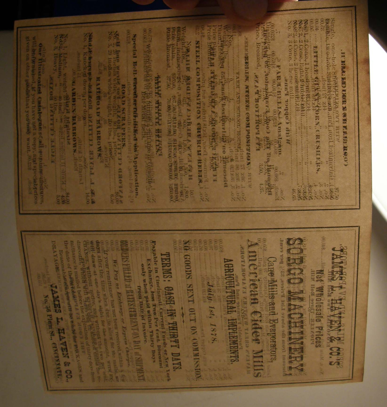ANTIQUE 1878 AGRICULTURAL MACHINERY PRICE LIST JAMES HAVEN & CO CINCINNATI OH