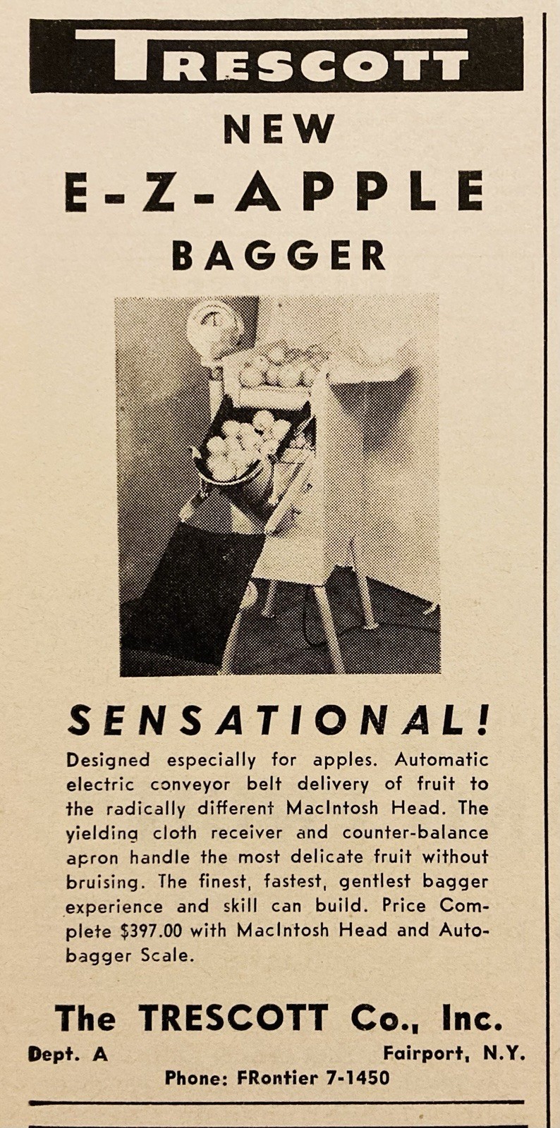 1959 AD.(PC10)~TRESCOTT CO. FAIRPORT, NY. NEW E-Z APPLE BAGGER
