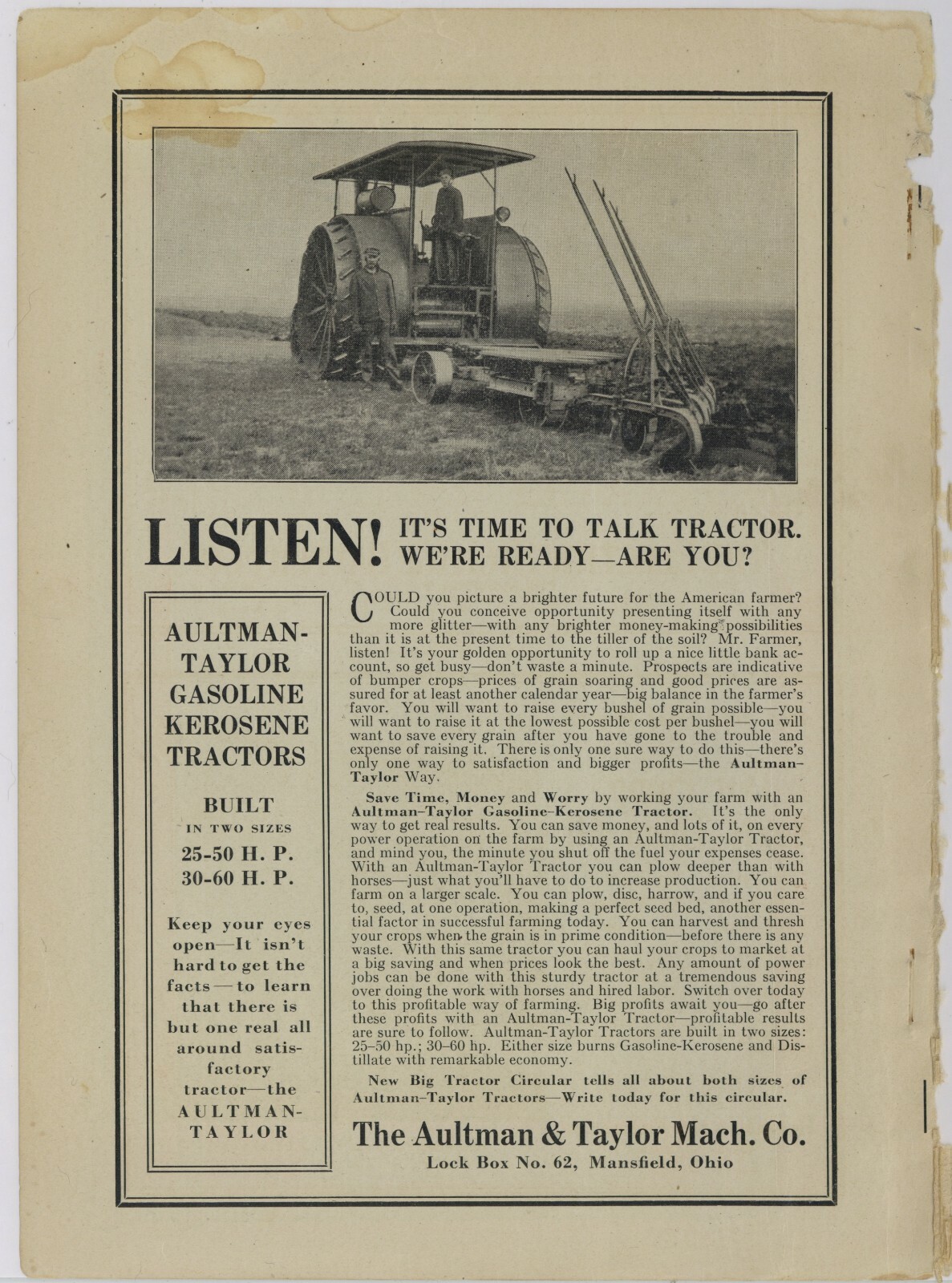 1916 Aultman & Taylor Machinery Co. Ad: Kerosene Tractors – Mansfield, OhiO