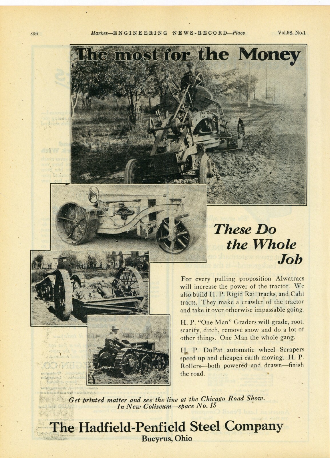 1927 Hadfield Penfield Steel Co. Ad: Alwatracs, Graders, Scrapers- Bucyrus, OhiO