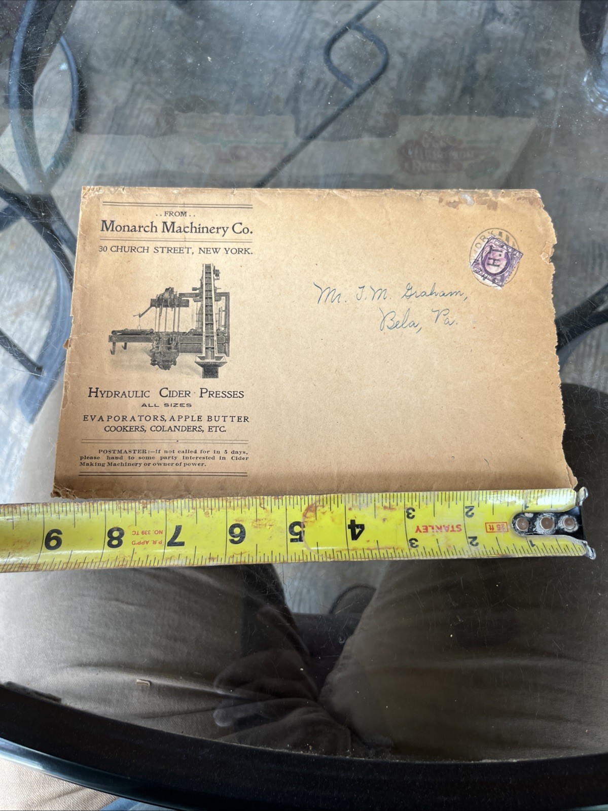 Antique Monarch Hydraulic Apple Cider Press Envelope, Bela Pa. Clarion Co.