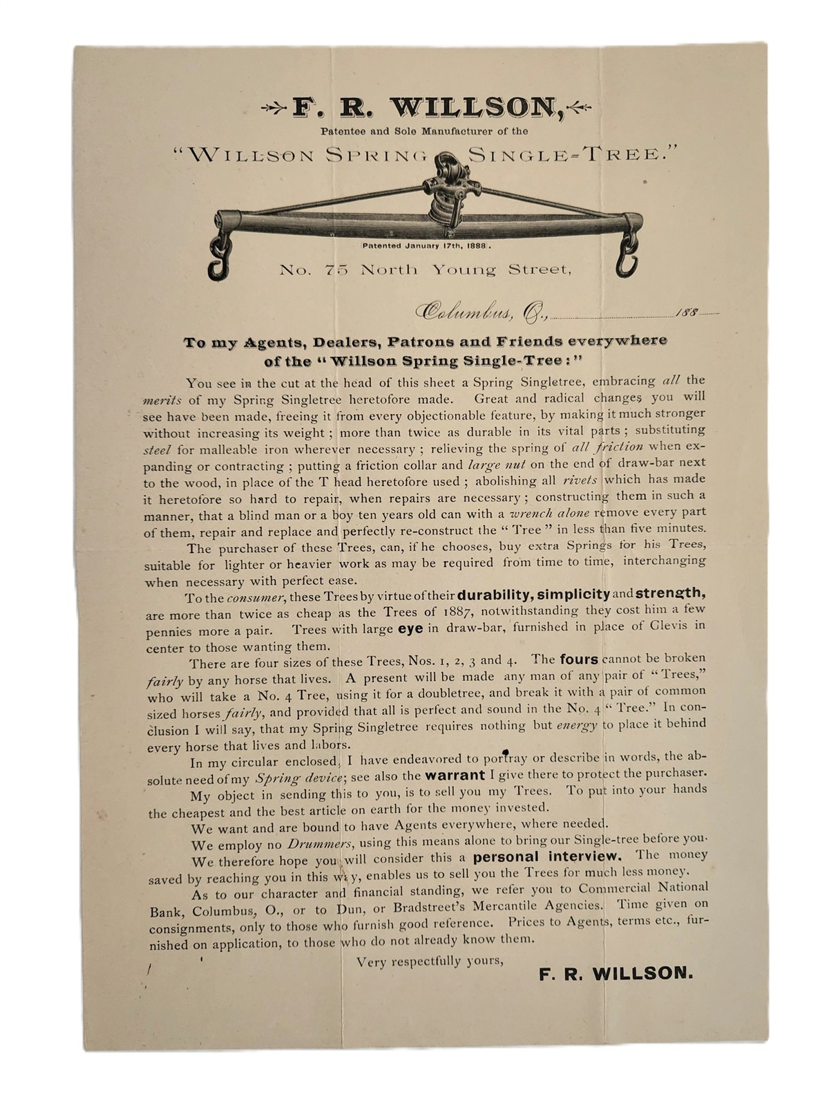 1888 antique F. R. WILSON columbus oh SPRING SINGLE TREE ad AGRICULTURE HORSE