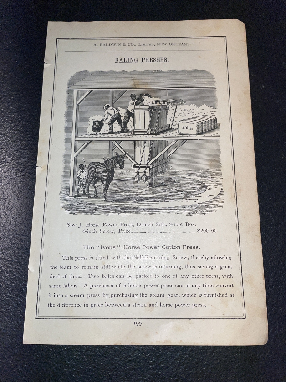1891 Baldwin – Ivens Horse Power Cotton Press Farm Advertising – New Orleans
