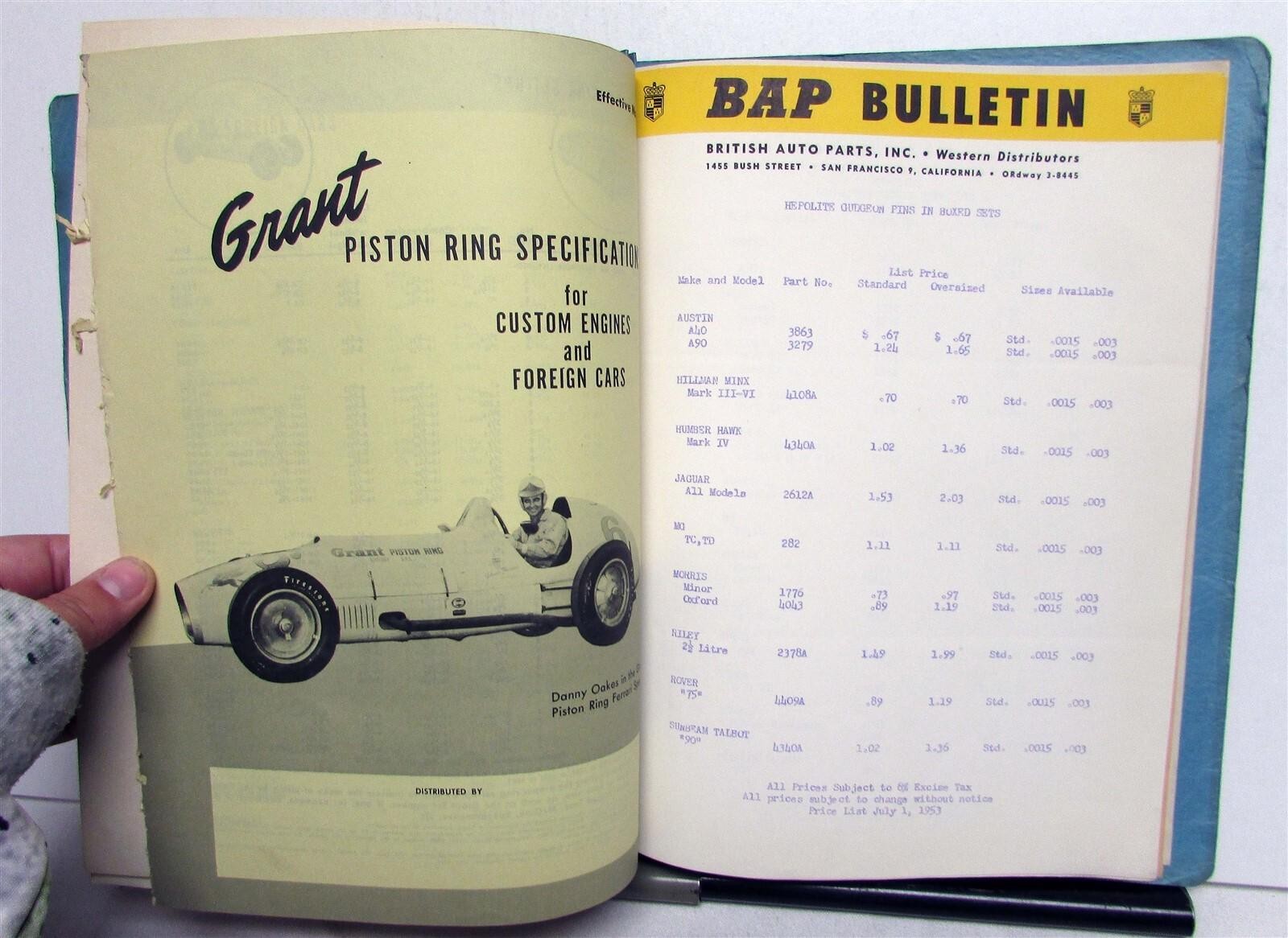 1954 British Auto Parts Bulletins Illustrated Parts & Price List Retail Catalog