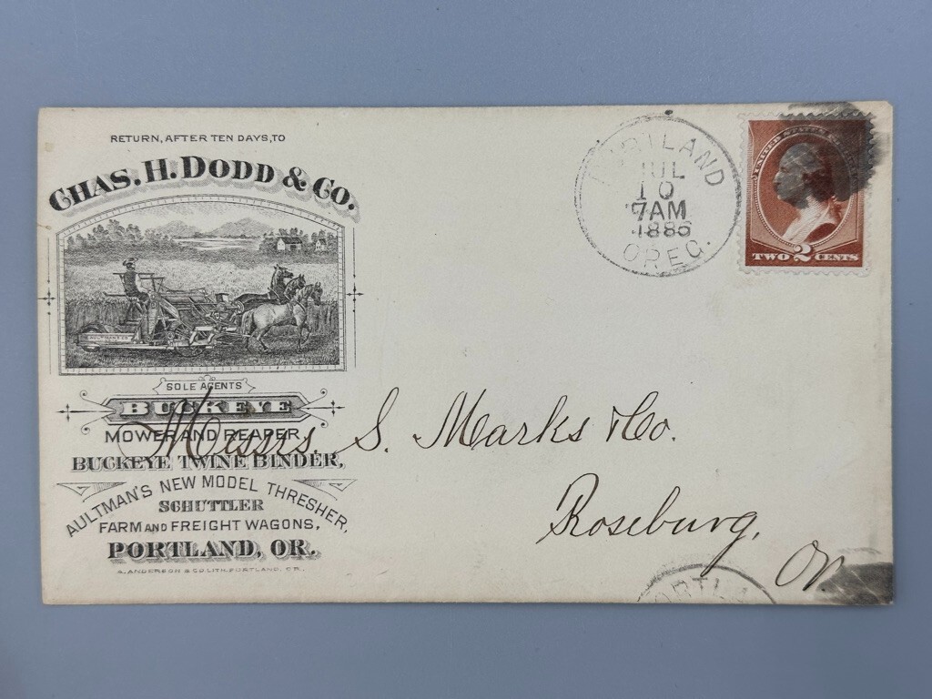 1886 BUCKEYE MOWER Dodd Advertising FARM Illustrated Postal Cover PORTLAND OR