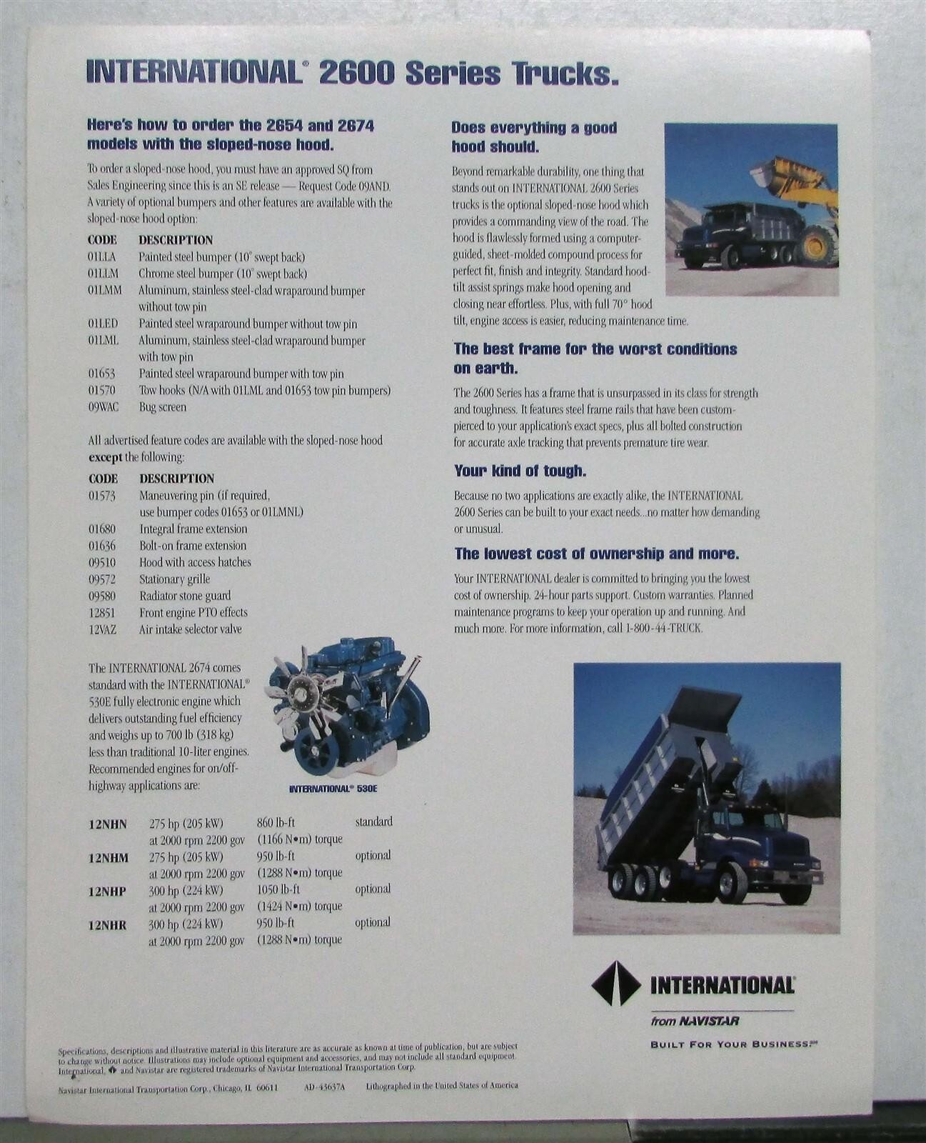 1990s International 2600 Series Trucks Specifications Construction Sales Sheet