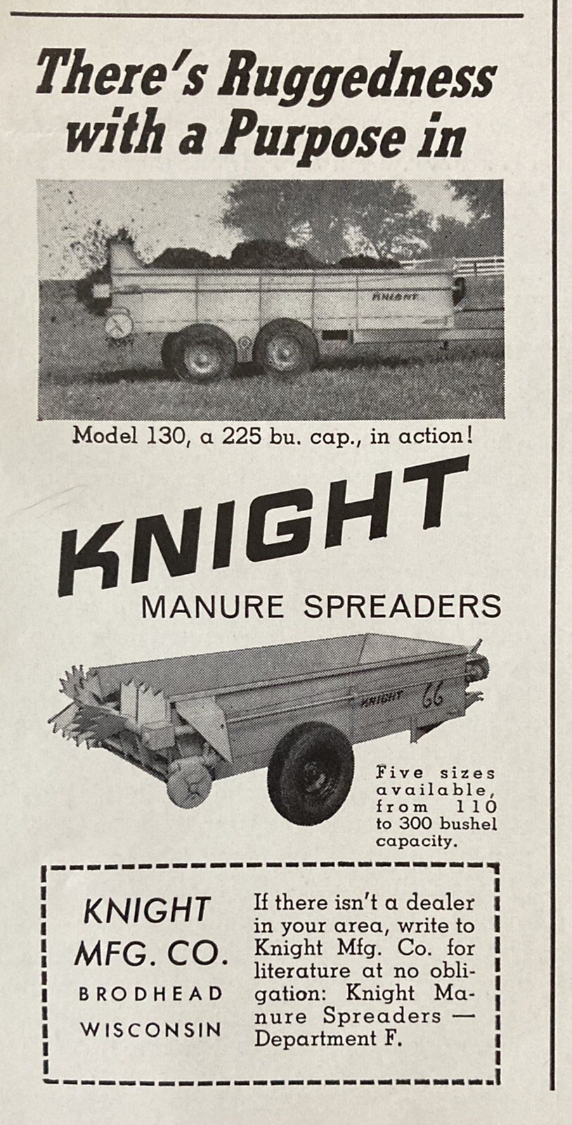1962 AD.(XH20)~KNIGHT MFG. CO. BRODHEAD, WISC. KNIGHT MANURE SPREADERS