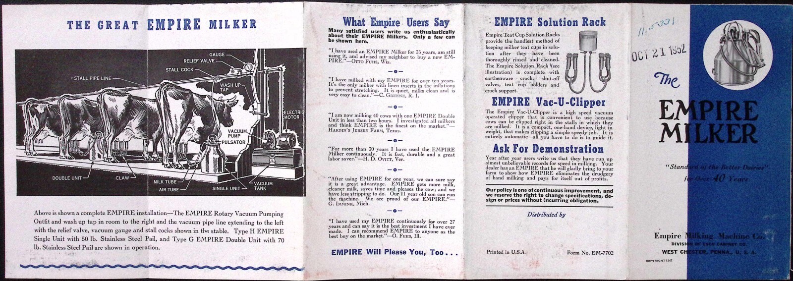 1952 Empire Milker Empire Milking Machine West Chester PA Fold Out Brochure