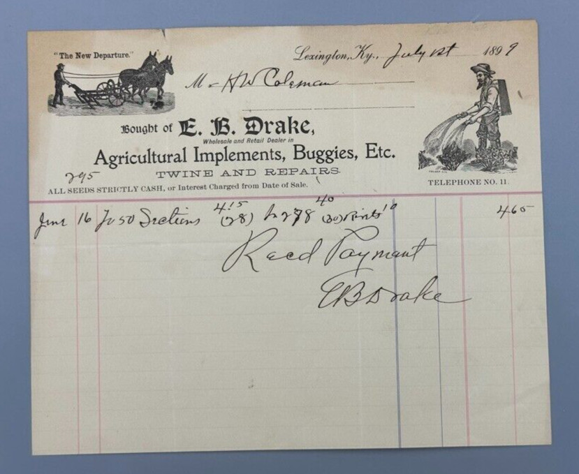 1899 NEW DEPARTURE EB Drake FARM IMPLEMENT Advertise Invoice LEXINGTON KENTUCKY