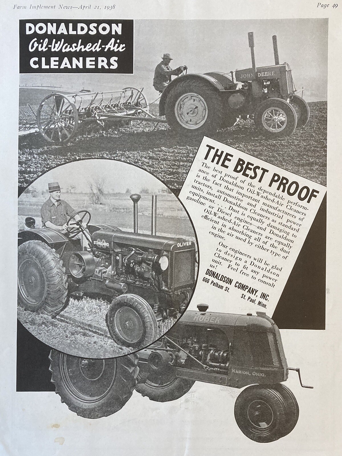 1938 AD.(XF22)~DONALDSON CO. ST. PAUL, MINN. OIL-WASHED TRACTOR AIR CLEANERS